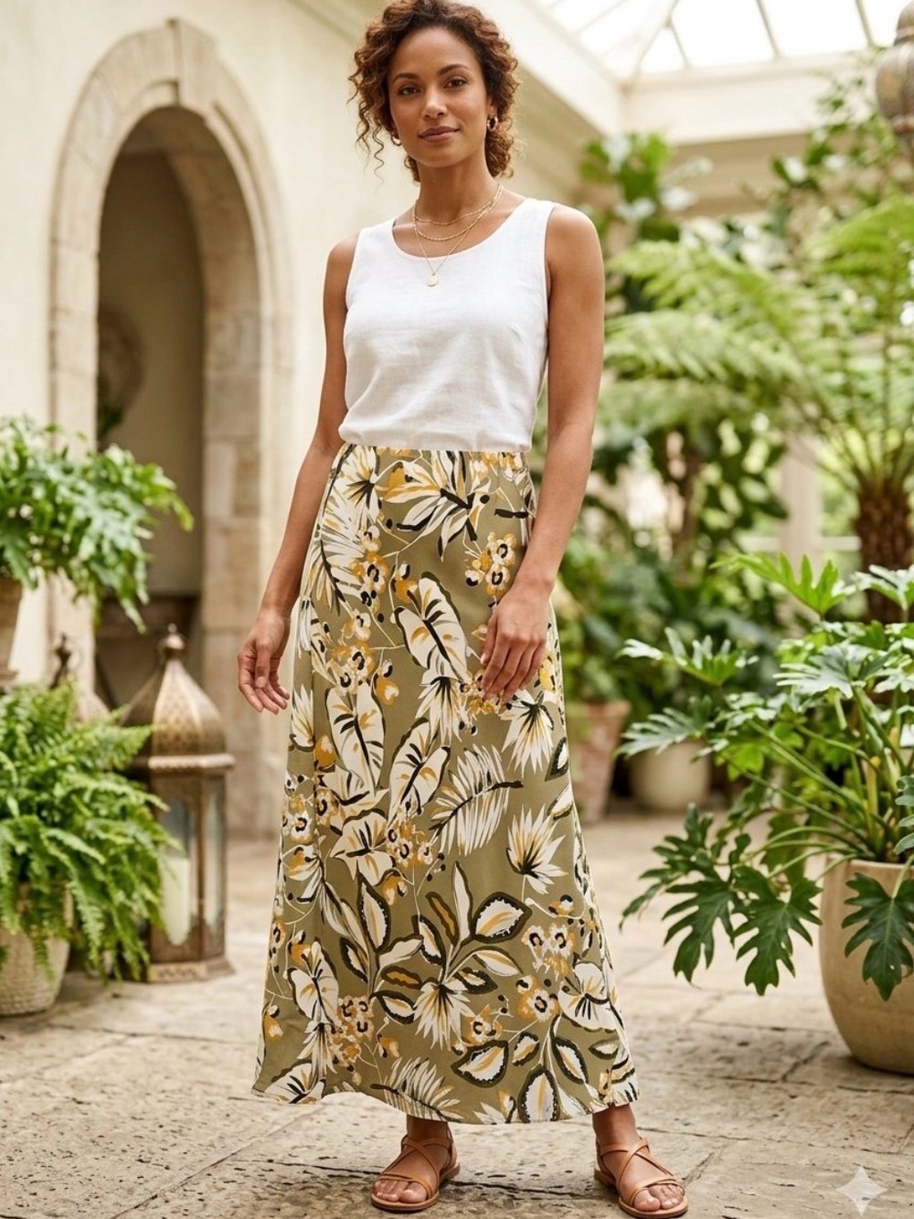 Calista (M) Floral Olive Maxi Skirt with Elastic Waist, Hi-Low bottom detail